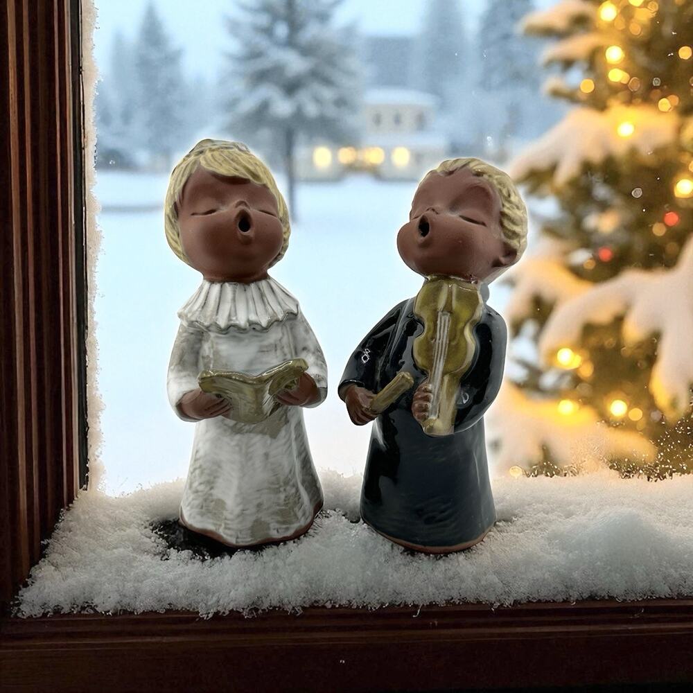 Vintage UCTCI Terra Cotta Angel Caroler and Violin Player Figurines Japan 1960s